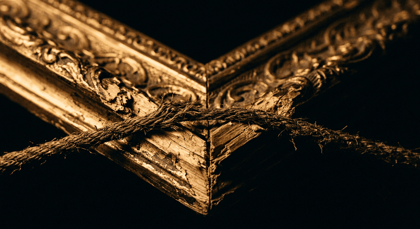 Detail of a work by Andrew Scott — rope under tension against a broken frame