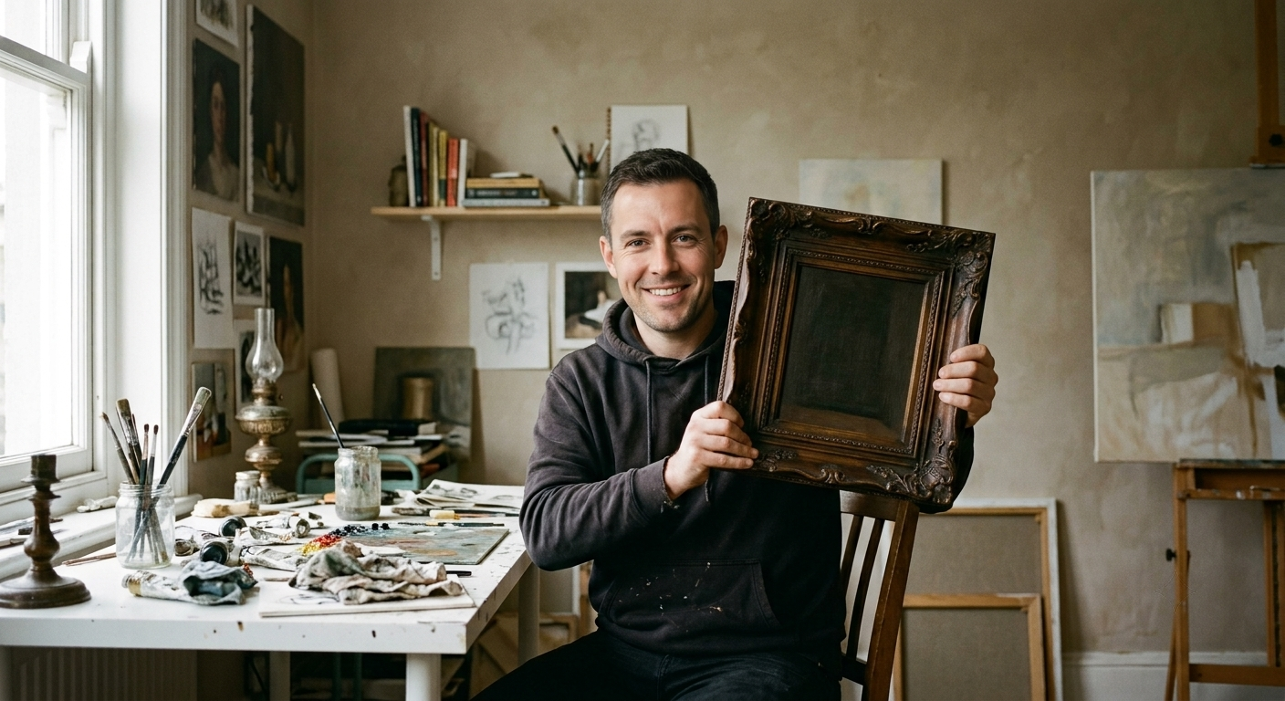 Andrew Scott in his studio, holding a picture frame