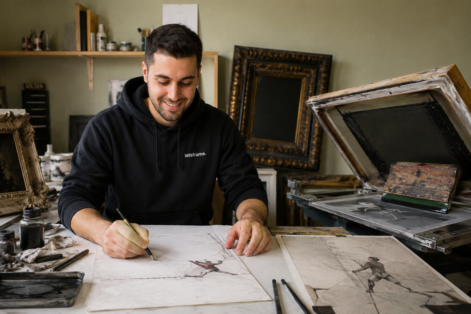 Studio detail — drawing and printmaking in progress
