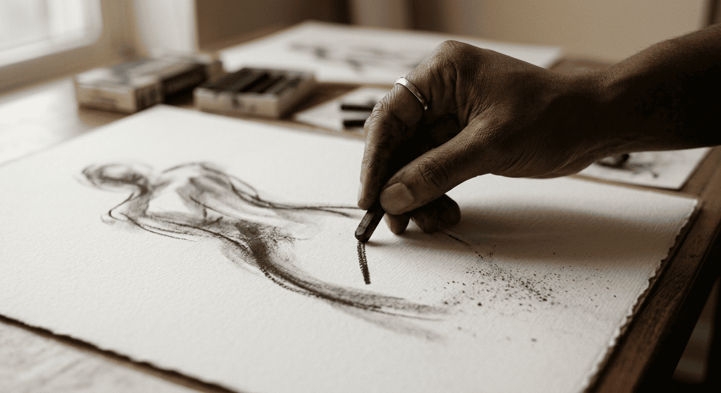 Charcoal drawing in progress on paper