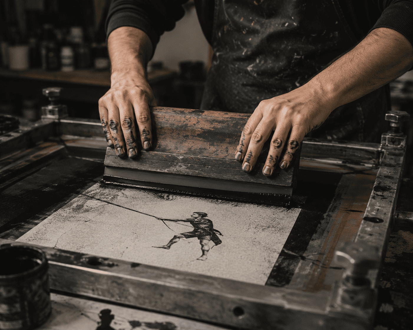 Printmaking in progress, ink on paper